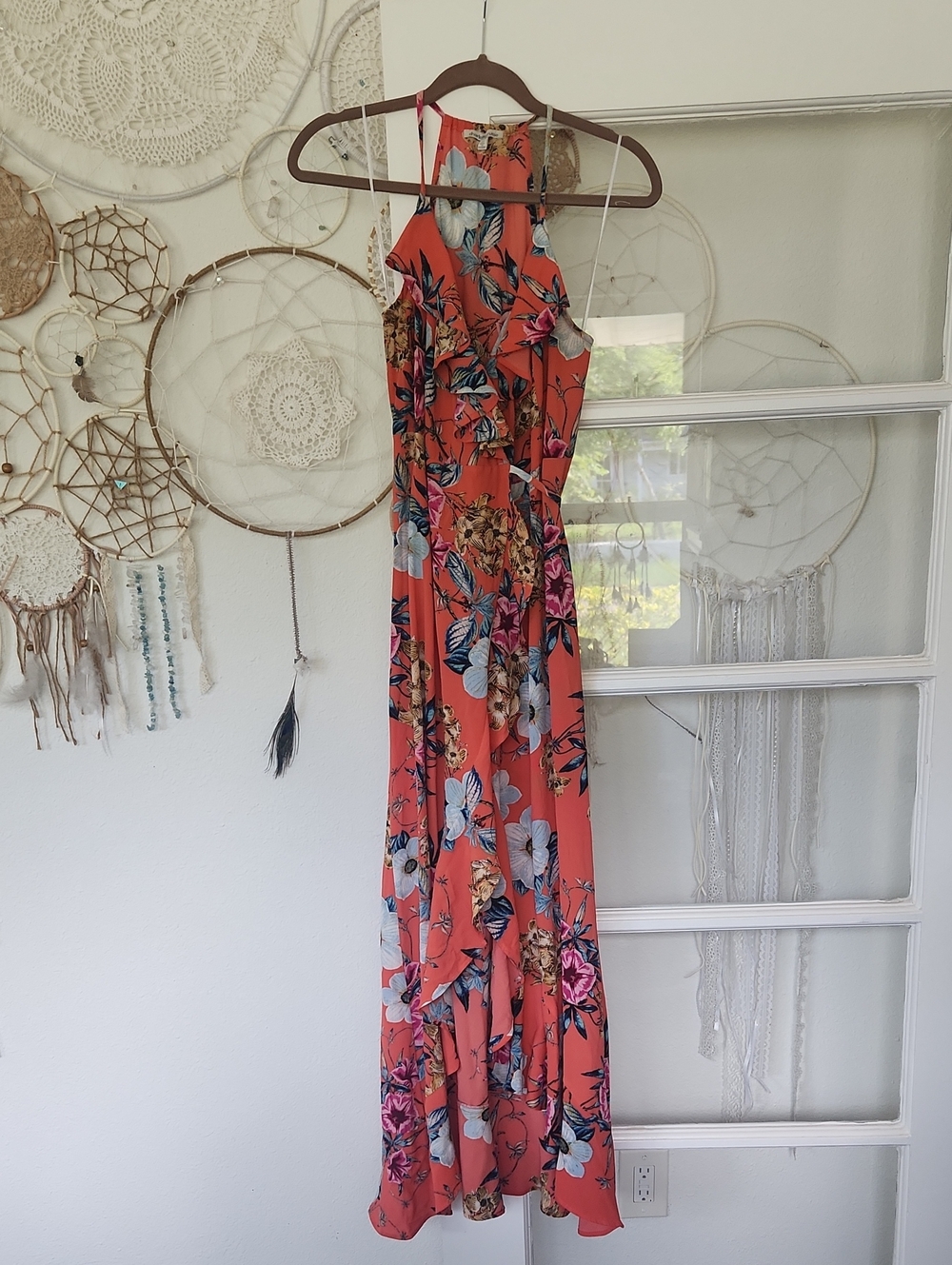 Coral Floral Wrap Around Ruffle Maxi Dress